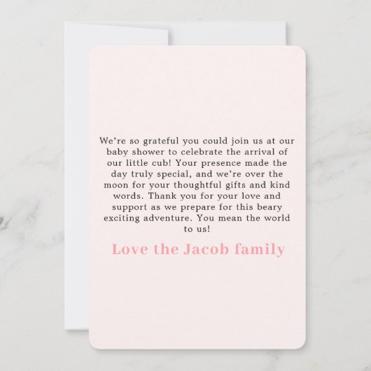 Schattige Roze Beer Baby Aankondiging Dank u (Achterkant)