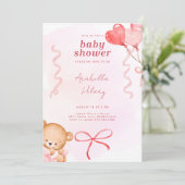 Schattige Roze Beer Bogen & Ballonnen Baby shower Kaart (Staand voorkant)