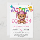Schattige roze beer Kindergarten Afstuderen Uitnod Kaart (Voorkant)
