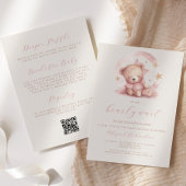 Schattige Roze Beer QR Code Meisje Baby shower Kaart