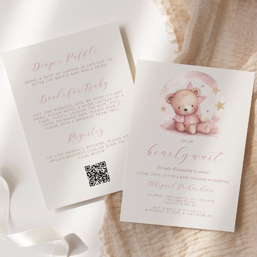 Schattige Roze Beer QR Code Meisje Baby shower Kaart