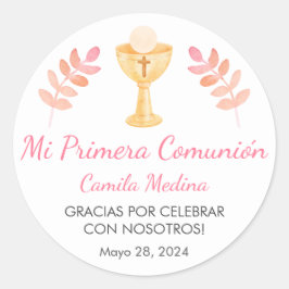 Schattige roze bladeren in Spaans Eerste Communie Ronde Sticker
