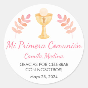 Schattige roze bladeren in Spaans Eerste Communie Ronde Sticker
