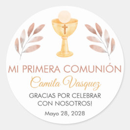 Schattige roze bladeren in Spaans Eerste Communie Ronde Sticker