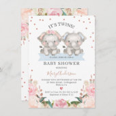 Schattige Roze Blauw Bloemen Tweeling Olifanten Ba Kaart (Voorkant / Achterkant)