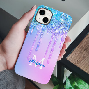 Schattige roze blauw Eenhoorn Glitter Drips monogr iPhone 15 Case