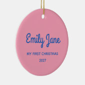 Schattige Roze Blauw Gepersonaliseerde Foto Eerste Keramisch Ornament (Rechts)