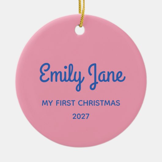 Schattige Roze Blauw Gepersonaliseerde Foto Eerste Keramisch Ornament (Voorkant)