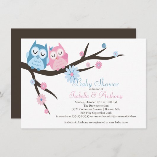 Schattige Roze & Blauw in Liefde Uil Paar Baby sho Kaart (Voorkant / Achterkant)