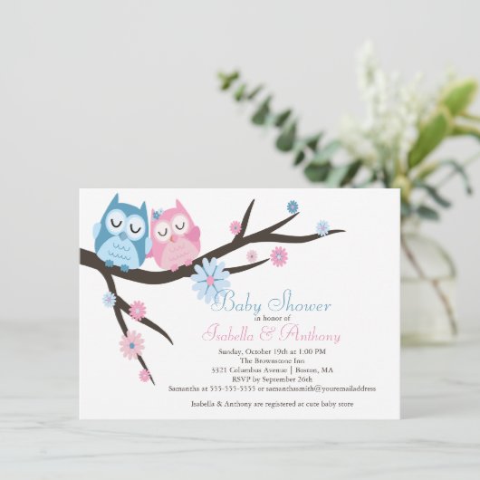 Schattige Roze & Blauw in Liefde Uil Paar Baby sho Kaart (Staand voorkant)