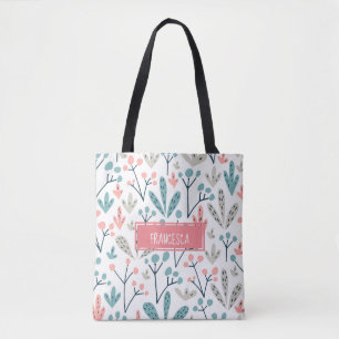 Schattige Roze Blauw Scandinavisch Planten Patroon Tote Bag