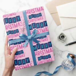 Schattige roze & blauw vrolijk kerstpatroon naadlo cadeaupapier