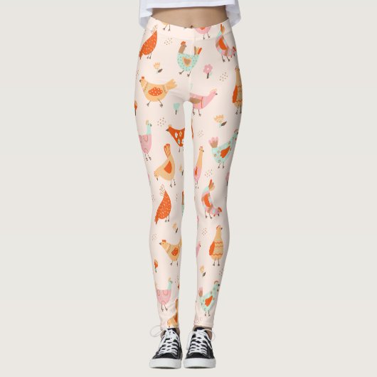 Schattige Roze Blauwe Kip Bloemen Leggings (Voorkant)