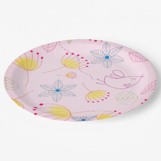 Schattige roze bloem en vogelpapier bord, papieren bordje (Gekanteld)