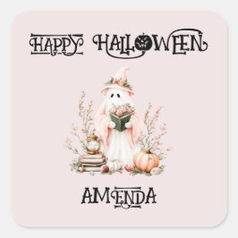 Schattige Roze Bloemen Kinder Halloween Ghost Vierkante Sticker