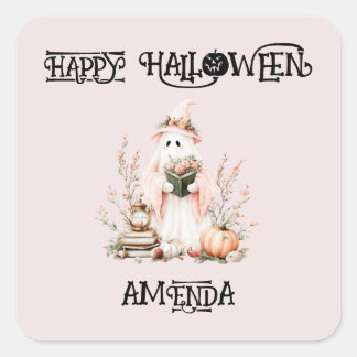 Schattige Roze Bloemen Kinder Halloween Ghost Vierkante Sticker