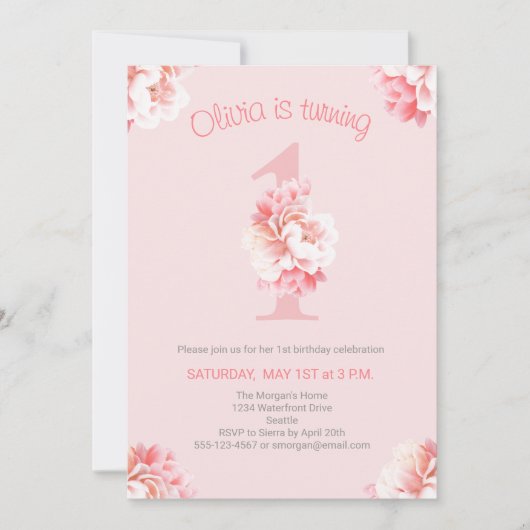 Schattige roze bloemen meisje's eerste verjaardags kaart (Voorkant)