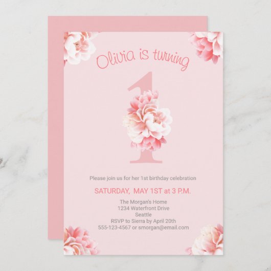 Schattige roze bloemen meisje's eerste verjaardags kaart (Voorkant / Achterkant)