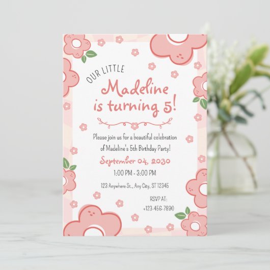 Schattige Roze Bloemen Verjaardagsfeestje Uitnodig Kaart (Staand voorkant)