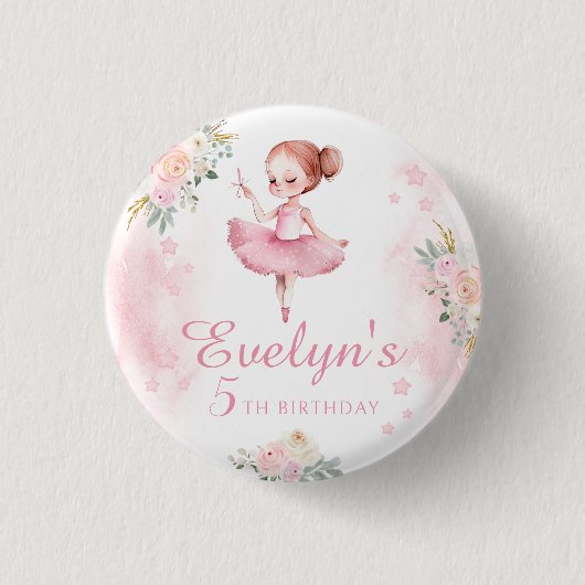 Schattige roze bloemenballerina birthday girl knop ronde button 3,2 cm (Voorkant)