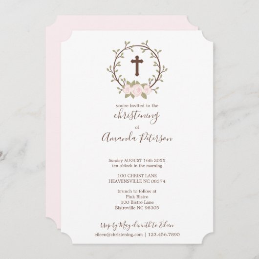 Schattige roze bloemenkrans kruis doop doopsel kaart (Voorkant / Achterkant)