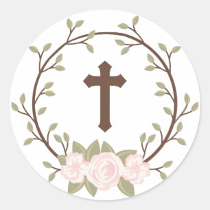 Schattige roze bloemenkrans kruis doop doopsel ronde sticker