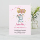 Schattige roze bloemenolifant eerste verjaardagsme kaart (Staand voorkant)