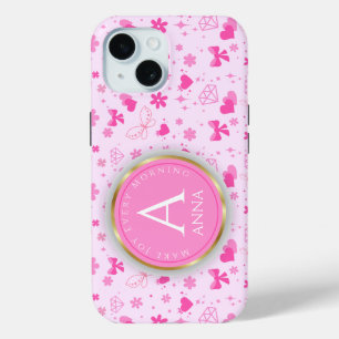 Schattige roze bloemenpatroon, meisjesachtig bloem iPhone 15 case