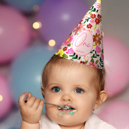 Schattige roze bloemig één jaar meisje verjaardag feesthoedjes