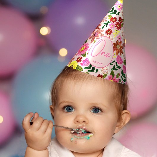 Schattige roze bloemig één jaar meisje verjaardag feesthoedjes