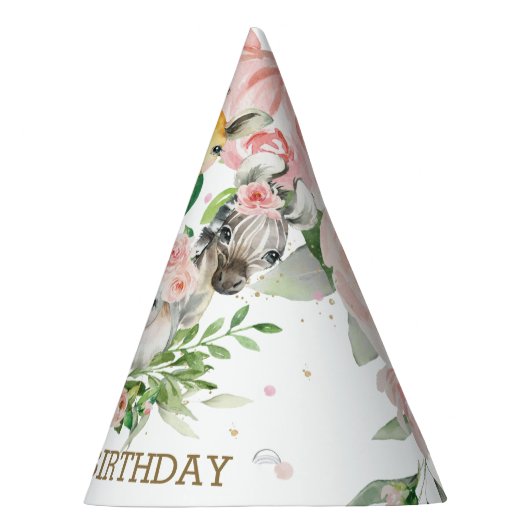 Schattige roze bloemige Oerwoud Dieren 1e Verjaard Feesthoedjes (Rechts)