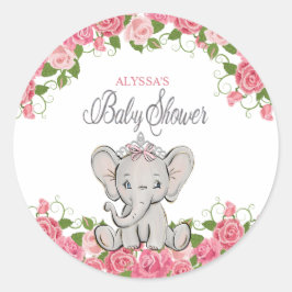 Schattige Roze Bloemige Prinses Olifant Baby Showe Ronde Sticker