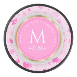 Schattige roze bloemmotief, meisjesachtig bloemmot hockey puck