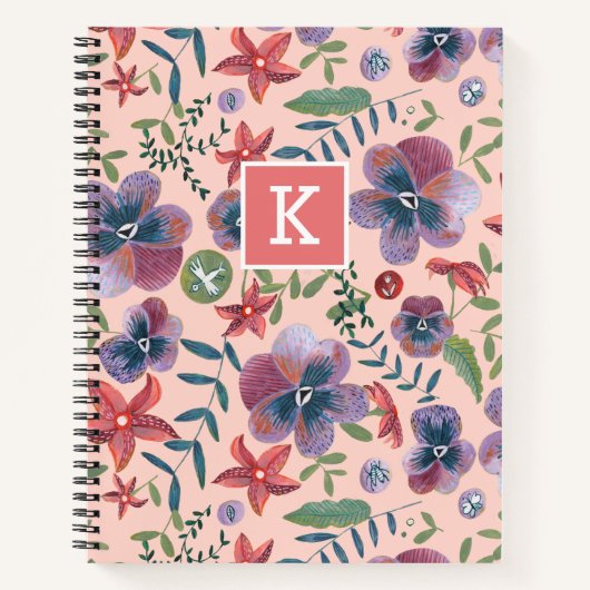 Schattige roze bloemmotief monogram notitieboek (Voorkant)