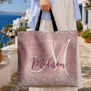 Schattige roze blos zilveren nepschitterende monog tote bag