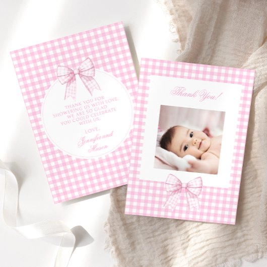 Schattige roze boog baby shower foto dank u kaarte bedankkaart