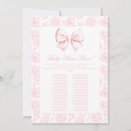 Schattige Roze Bow Baby Meisje Douche Naam Race Ga Kaart (Voorkant)
