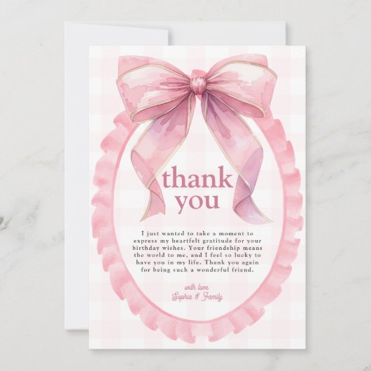 Schattige Roze Bow Coquette 1e Verjaardag Bedankkaart (Voorkant)