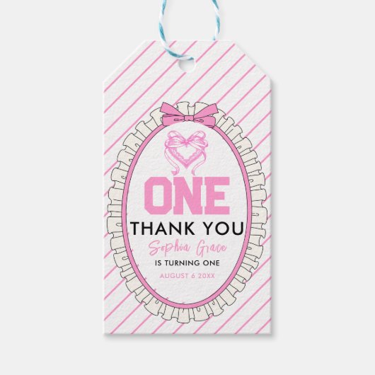 Schattige Roze Bow Coquette 1e Verjaardag Cadeaulabel (Voorkant)