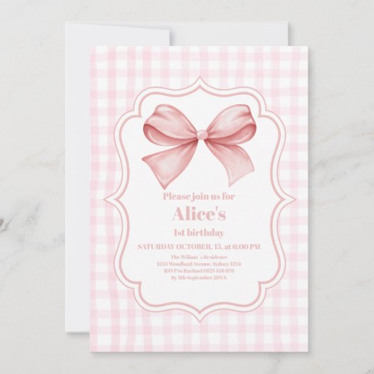 Schattige Roze Bow Coquette 1e Verjaardag Kaart (Voorkant)