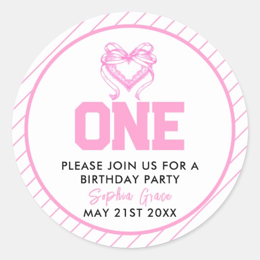 Schattige Roze Bow Coquette 1e Verjaardag Ronde Sticker (Voorkant)