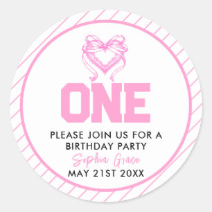 Schattige Roze Bow Coquette 1e Verjaardag Ronde Sticker