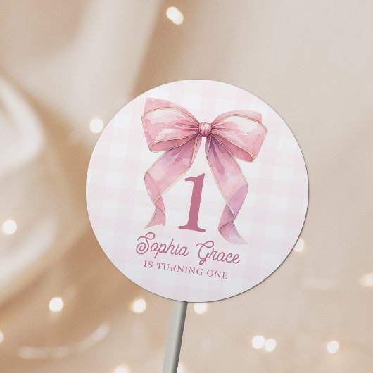 Schattige Roze Bow Coquette 1e Verjaardag Ronde Sticker