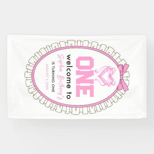 Schattige Roze Bow Coquette 1e Verjaardag Spandoek (Horizontaal)