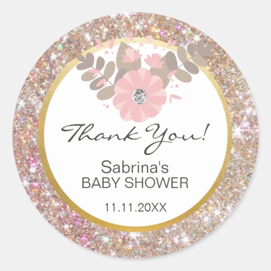 Schattige roze, bruin, glitter gouden Baby shower  Ronde Sticker (Voorkant)