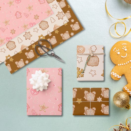 Schattige roze bruin kerstkoekjespatroon inpakpapier vel