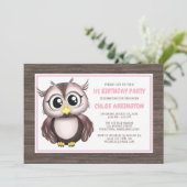 Schattige Roze Bruine Uil Verjaardagsuitnodigingen Kaart (Staand voorkant)