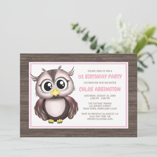 Schattige Roze Bruine Uil Verjaardagsuitnodigingen Kaart (Staand voorkant)