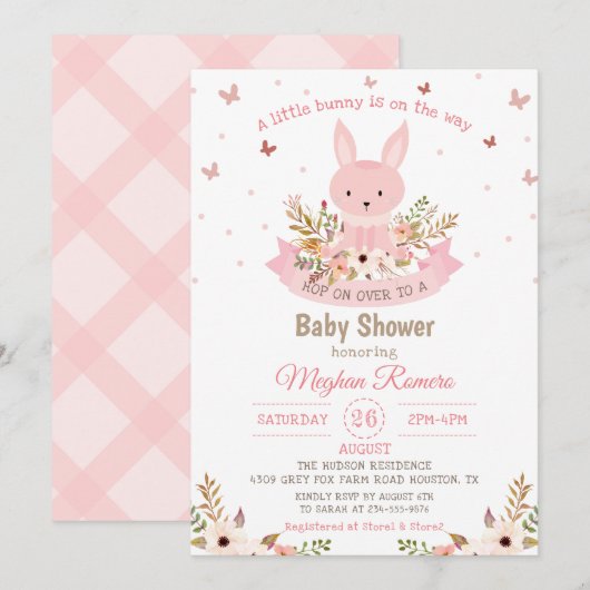 Schattige Roze Bunny met het Baby shower van de Bl Kaart (Voorkant / Achterkant)
