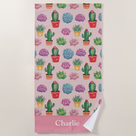 Schattige Roze Cactus Strandlaken (Voorkant)
